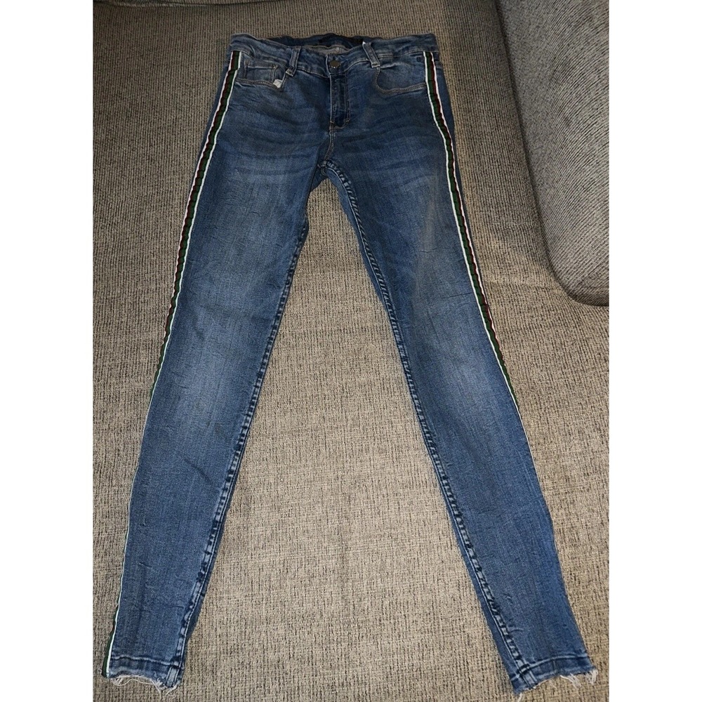 Zara Trafaluc Skinny Stretch Denim Jeans Womens Size 8 Fringe Stripes